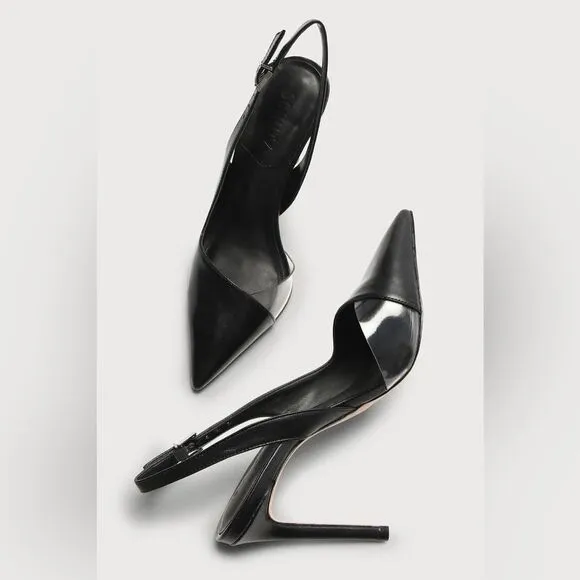 Schutz • Emma Black Leather and Clear Vinyl Pointed-Toe Slingback Pumps