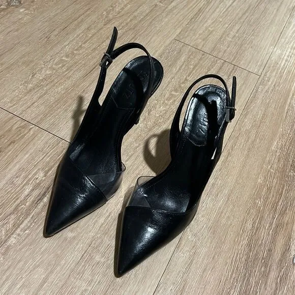 Schutz • Emma Black Leather and Clear Vinyl Pointed-Toe Slingback Pumps