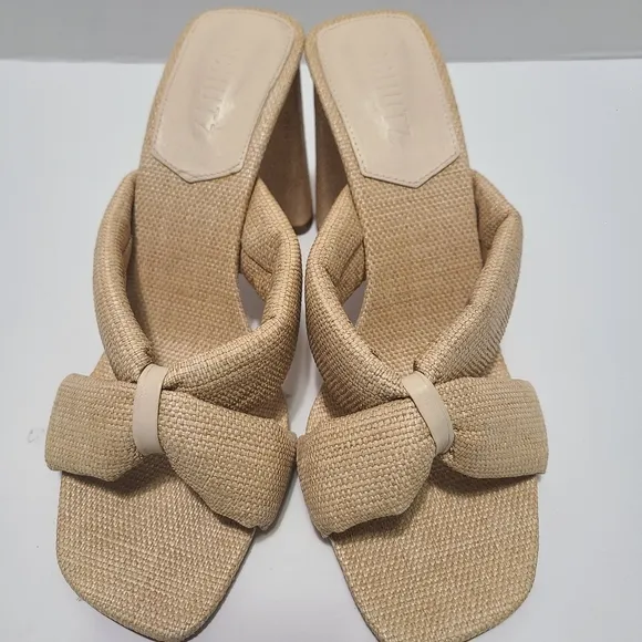 Schutz Fairy Mid Casual‎ Straw &amp; Nappa Leather Sandal Size 9.5