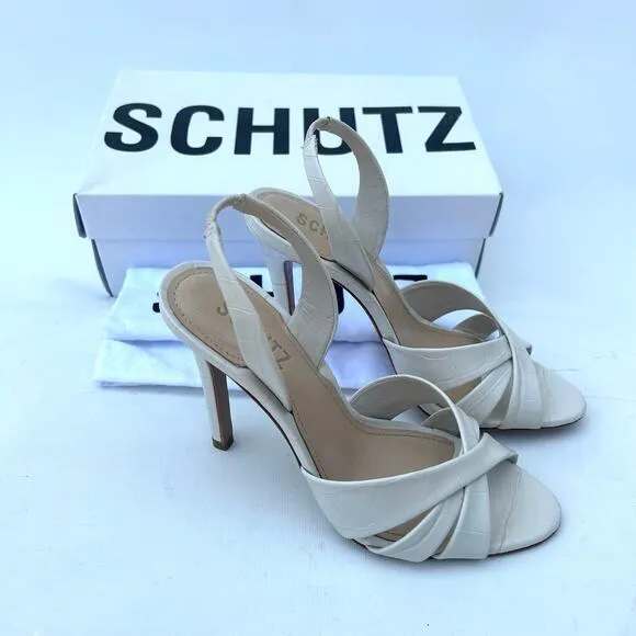 Schutz Keefa Slingback Crocodile-Embossed Leather Pumps Heels Pearl Ivory 6.5