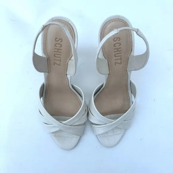 Schutz Keefa Slingback Crocodile-Embossed Leather Pumps Heels Pearl Ivory 6.5