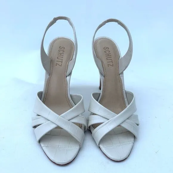 Schutz Keefa Slingback Crocodile-Embossed Leather Pumps Heels Pearl Ivory 6.5