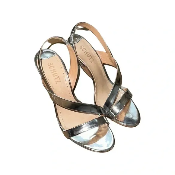 Schutz Kelly Metallic Silver Slingback Heels Size 7.5