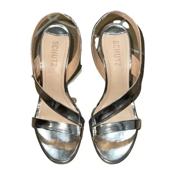 Schutz Kelly Metallic Silver Slingback Heels Size 7.5