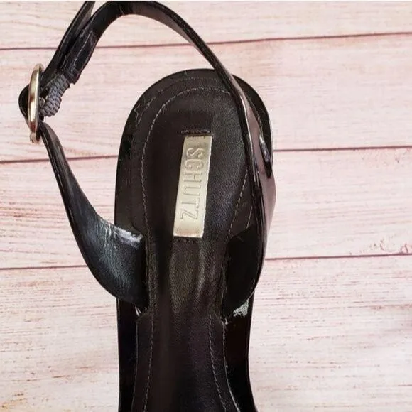 SCHUTZ Patent Leather Slingback Pointy Toe Stiletto Heels Black Women's Size 40