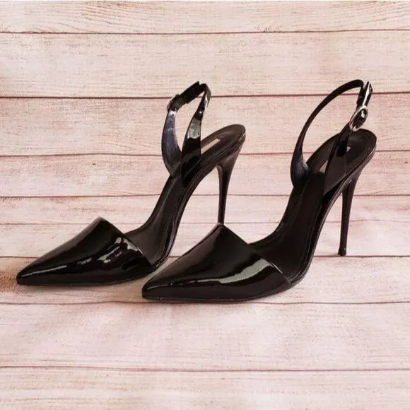 SCHUTZ Patent Leather Slingback Pointy Toe Stiletto Heels Black Women's Size 40
