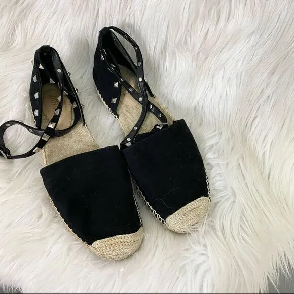 SCHUTZ Studded Suede Leather Espadrille Flat Sandal Black 9