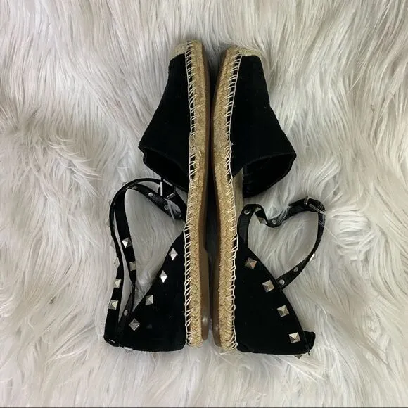 SCHUTZ Studded Suede Leather Espadrille Flat Sandal Black 9