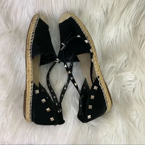 SCHUTZ Studded Suede Leather Espadrille Flat Sandal Black 9