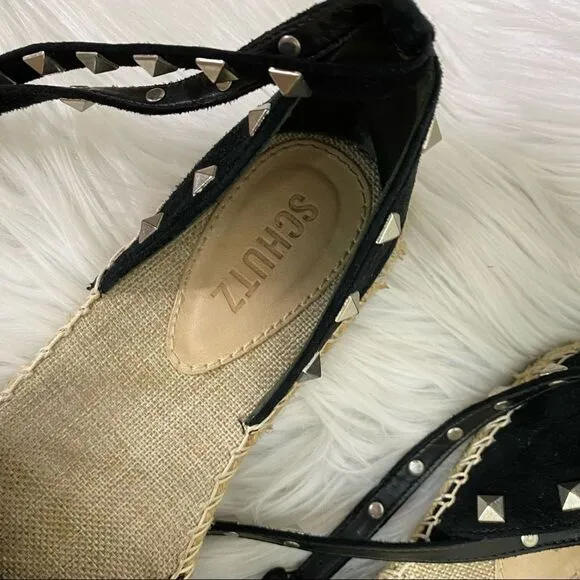 SCHUTZ Studded Suede Leather Espadrille Flat Sandal Black 9