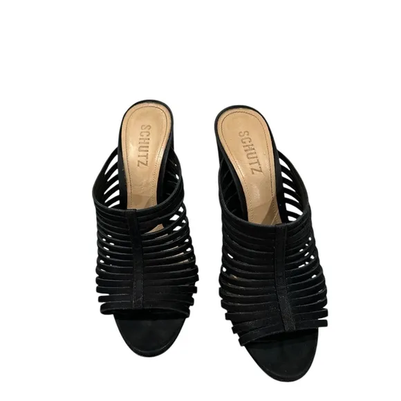 Schutz Suede Strappy Black Mules Block Heel