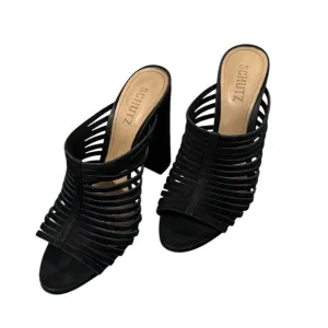 Schutz Suede Strappy Black Mules Block Heel