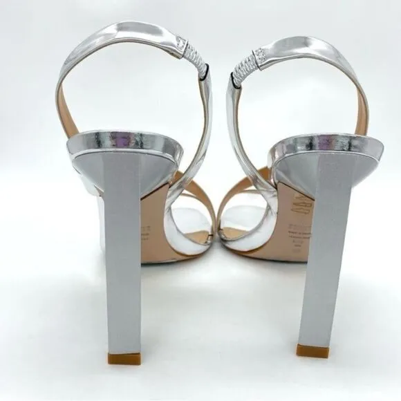 Schutz Kelly Metallic Silver Slingback Sandal Heels New