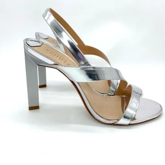 Schutz Kelly Metallic Silver Slingback Sandal Heels New