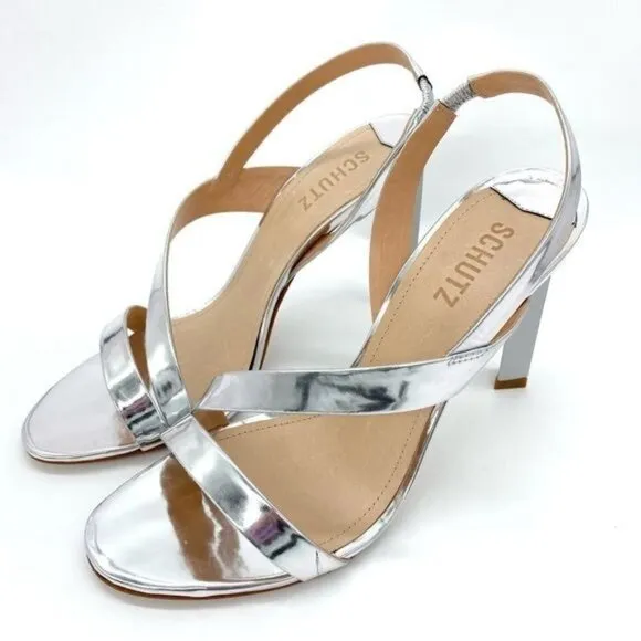 Schutz Kelly Metallic Silver Slingback Sandal Heels New