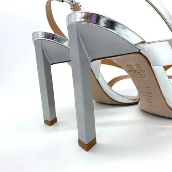 Schutz Kelly Metallic Silver Slingback Sandal Heels New