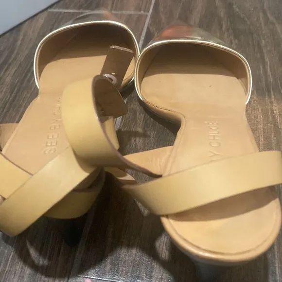 See by Chloe kitten gold and tan heels