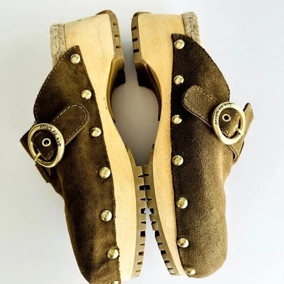 See by Chloe Viviane Clogs Camel Tan Leather Size 39 US 9 Platform Mule Raffia