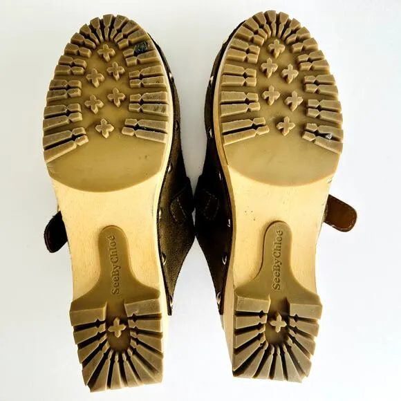 See by Chloe Viviane Clogs Camel Tan Leather Size 39 US 9 Platform Mule Raffia