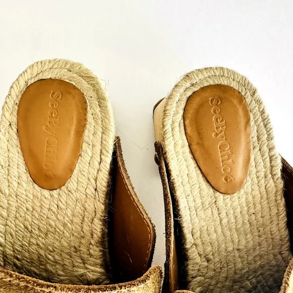 See by Chloe Viviane Clogs Camel Tan Leather Size 39 US 9 Platform Mule Raffia