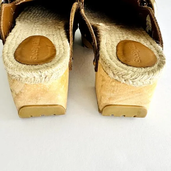 See by Chloe Viviane Clogs Camel Tan Leather Size 39 US 9 Platform Mule Raffia