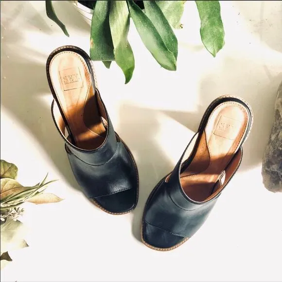 SEY Collection Black Tan Leather Mule Slide Open Toe Chunky Block Heel Shoes 9