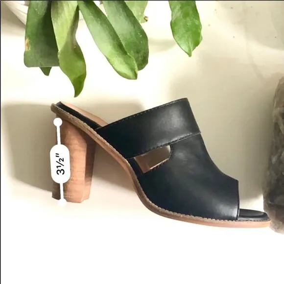 SEY Collection Black Tan Leather Mule Slide Open Toe Chunky Block Heel Shoes 9