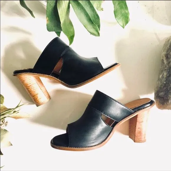 SEY Collection Black Tan Leather Mule Slide Open Toe Chunky Block Heel Shoes 9