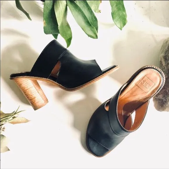 SEY Collection Black Tan Leather Mule Slide Open Toe Chunky Block Heel Shoes 9