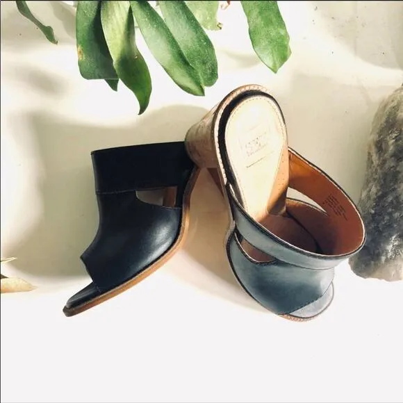 SEY Collection Black Tan Leather Mule Slide Open Toe Chunky Block Heel Shoes 9