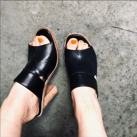 SEY Collection Black Tan Leather Mule Slide Open Toe Chunky Block Heel Shoes 9