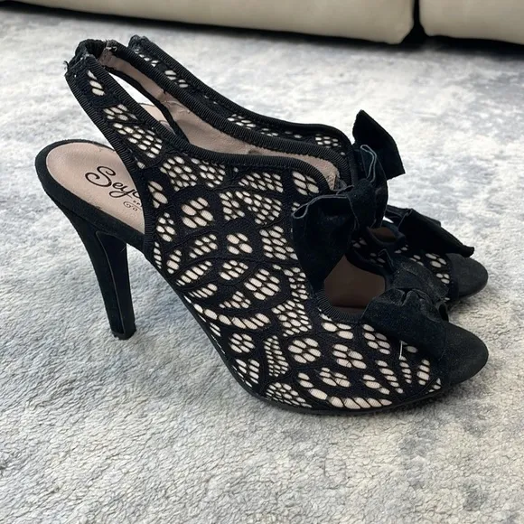 Seychelles Anthropologie Bobbin Lace Pumps Peep Toe Bow Girly Sz 8