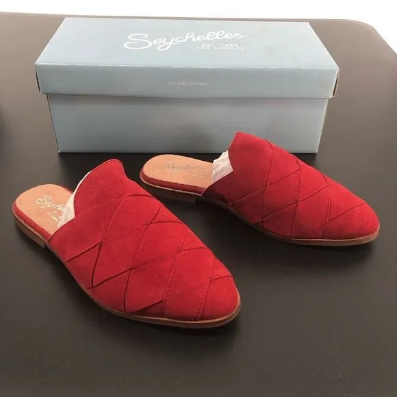 Seychelles Existence Red Suede Basket Weave Flat Mules New in Box