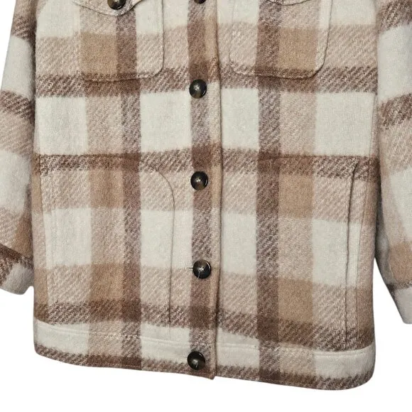 Sezane Alda Plaid Check Tan Wool Oversized Shacket Jacket
