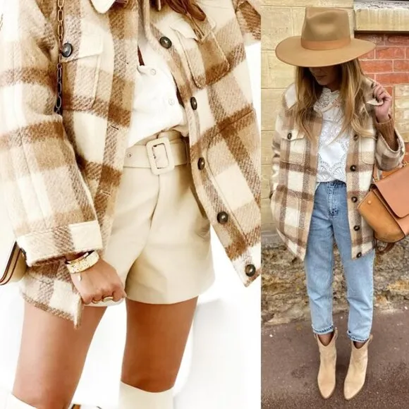 Sezane Alda Plaid Check Tan Wool Oversized Shacket Jacket