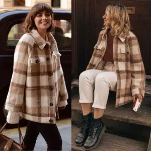 Sezane Alda Plaid Check Tan Wool Oversized Shacket Jacket