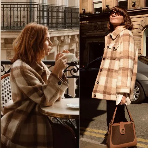 Sezane Alda Plaid Check Tan Wool Oversized Shacket Jacket