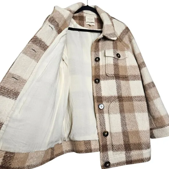 Sezane Alda Plaid Check Tan Wool Oversized Shacket Jacket