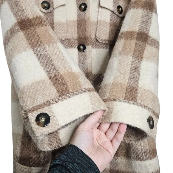 Sezane Alda Plaid Check Tan Wool Oversized Shacket Jacket