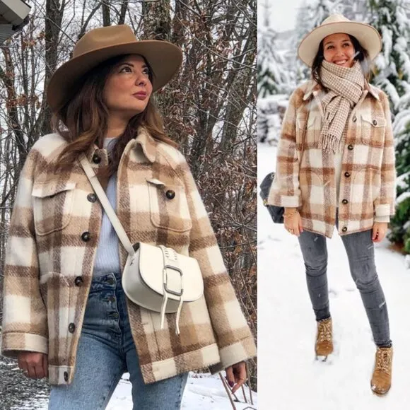 Sezane Alda Plaid Check Tan Wool Oversized Shacket Jacket