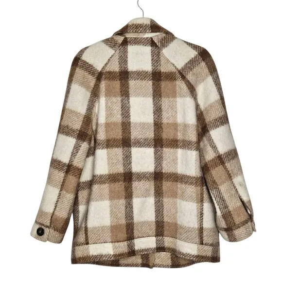 Sezane Alda Plaid Check Tan Wool Oversized Shacket Jacket