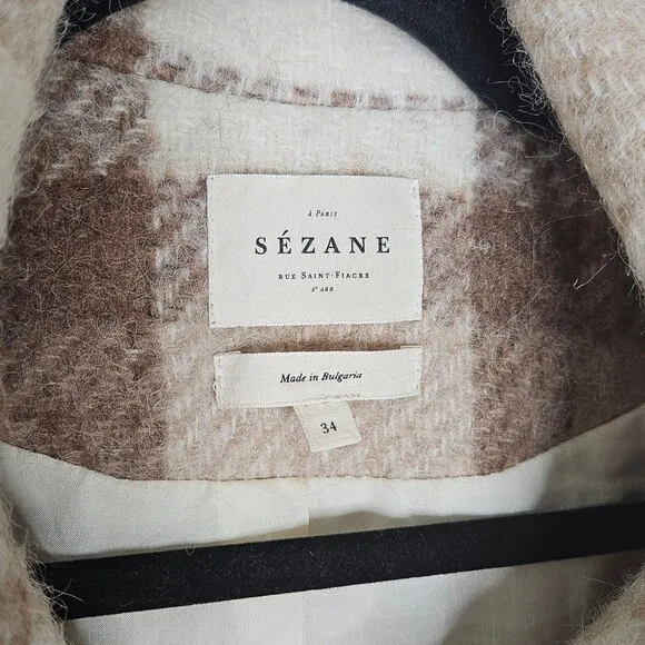 Sezane Alda Plaid Check Tan Wool Oversized Shacket Jacket