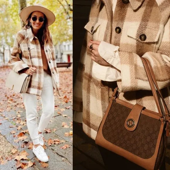 Sezane Alda Plaid Check Tan Wool Oversized Shacket Jacket