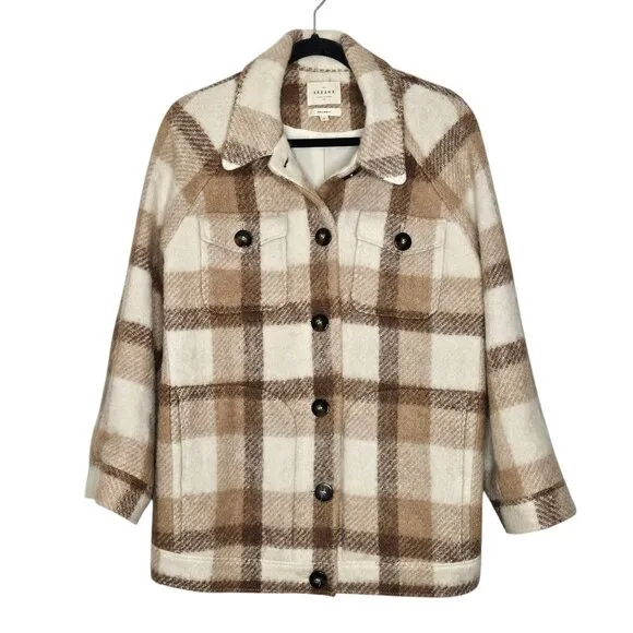 Sezane Alda Plaid Check Tan Wool Oversized Shacket Jacket