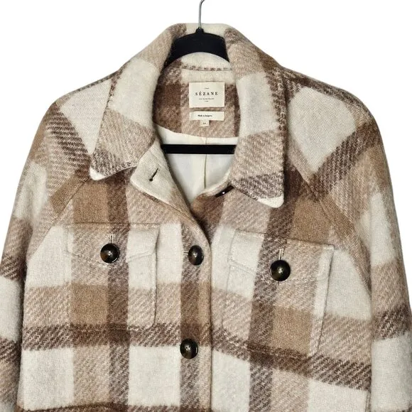 Sezane Alda Plaid Check Tan Wool Oversized Shacket Jacket