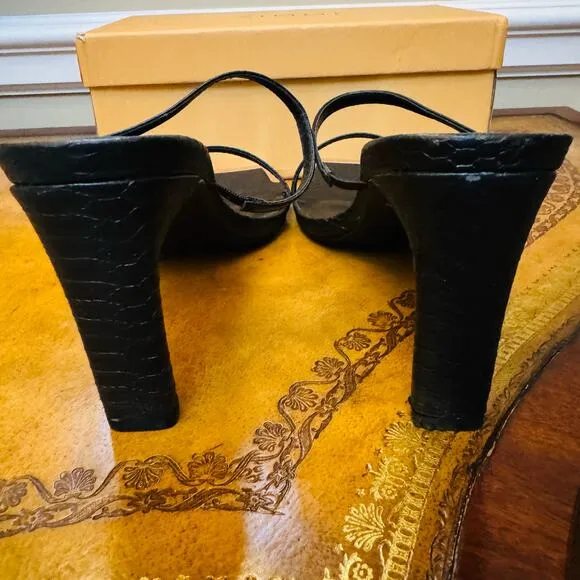 Simmi London Tanner Black Faux Snake Print 2 Strap Mules Gold Sandals Size 8 NEW