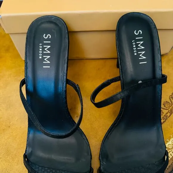 Simmi London Tanner Black Faux Snake Print 2 Strap Mules Gold Sandals Size 8 NEW