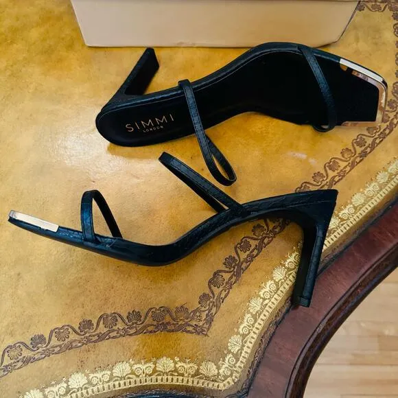 Simmi London Tanner Black Faux Snake Print 2 Strap Mules Gold Sandals Size 8 NEW
