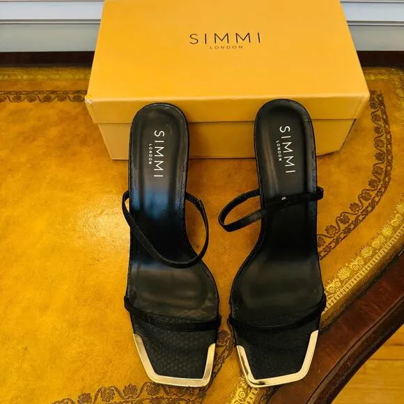 Simmi London Tanner Black Faux Snake Print 2 Strap Mules Gold Sandals Size 8 NEW