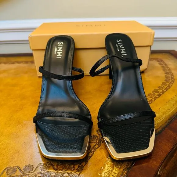 Simmi London Tanner Black Faux Snake Print 2 Strap Mules Gold Sandals Size 8 NEW
